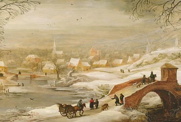 Paisaje fluvial de invierno con viajeros en un puente y una ciudad en la distancia, finales de la década de 1720